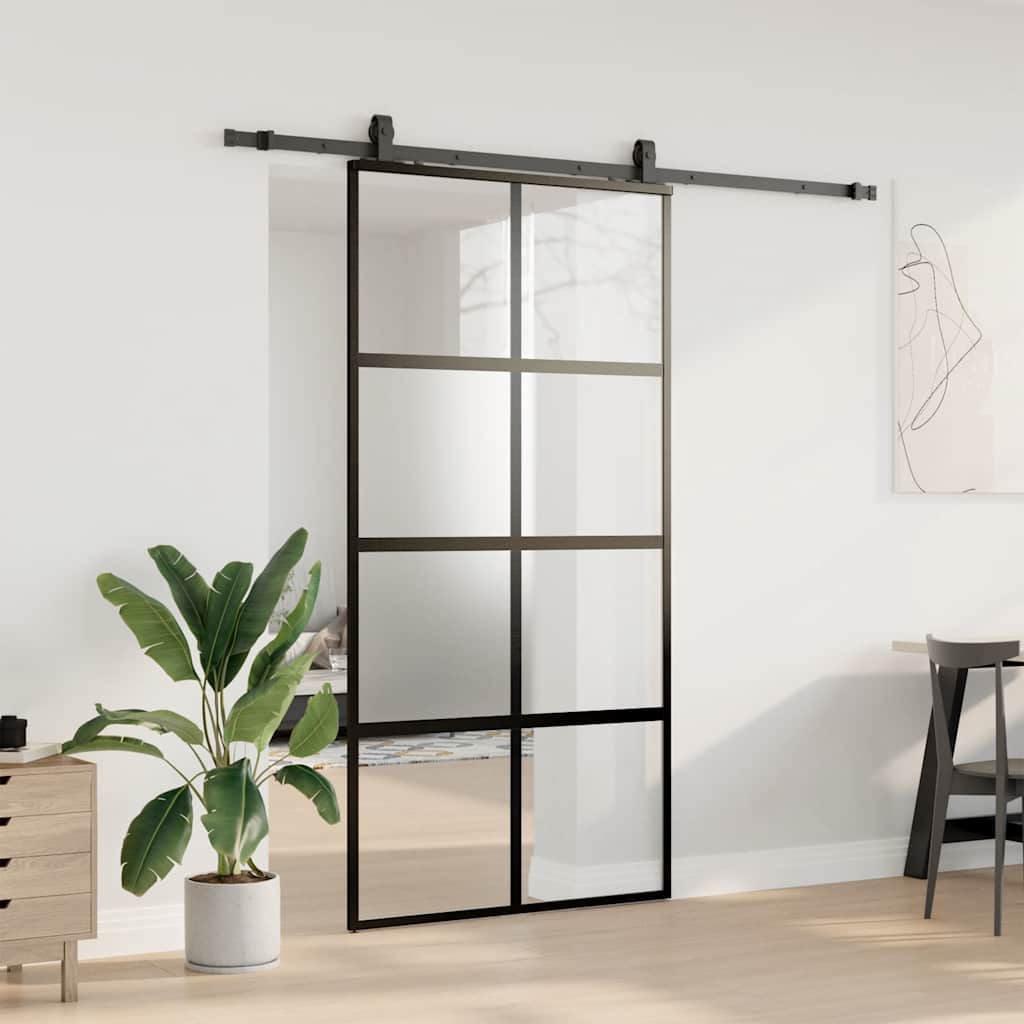 fekete edzett üveg tolóajtó fémszerelék szettel 102,5x205 cm
