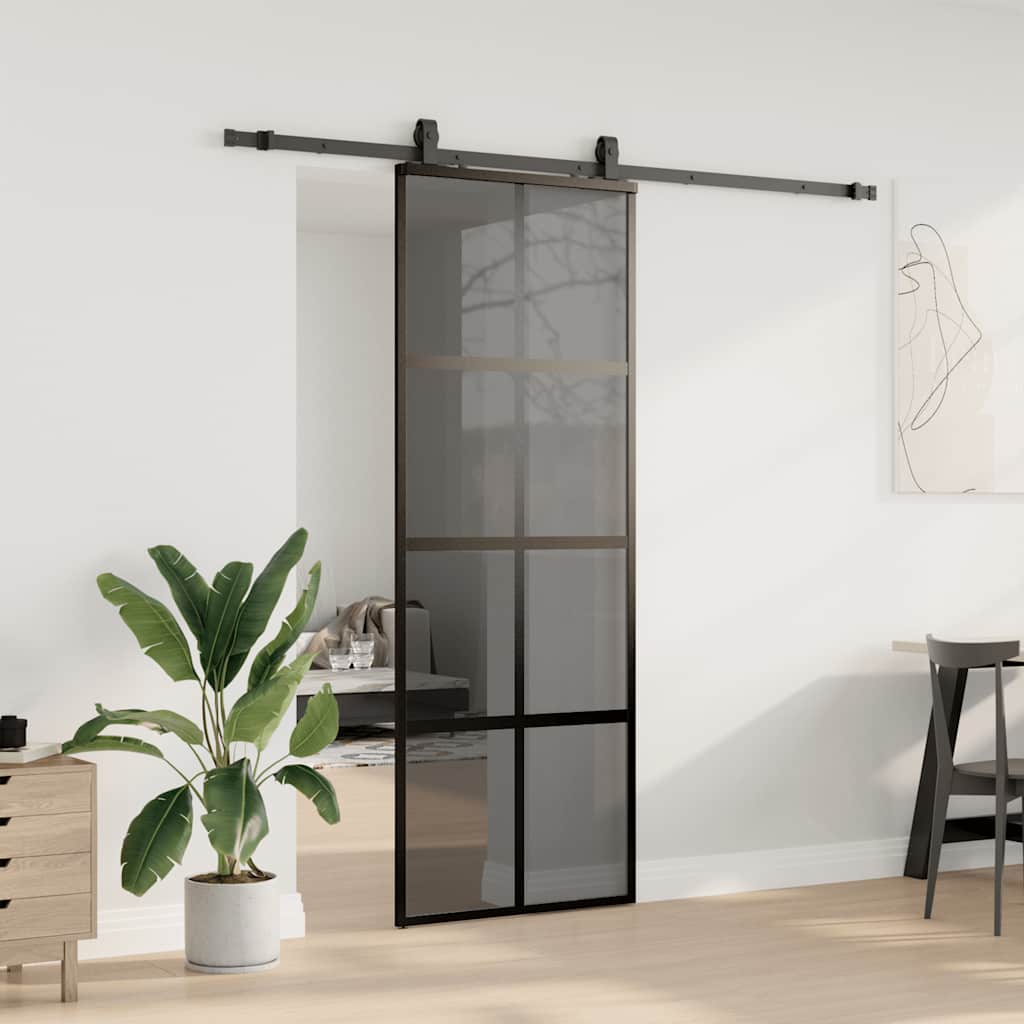 fekete edzett üveg tolóajtó fémszerelék szettel 76x205 cm