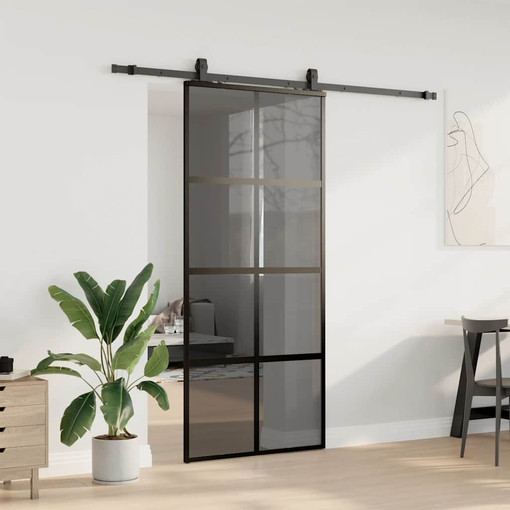 fekete edzett üveg tolóajtó fémszerelék szettel 90x205 cm