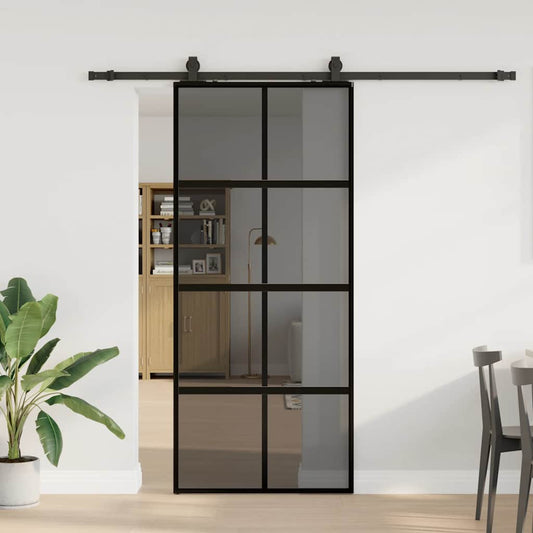 fekete edzett üveg tolóajtó fémszerelék szettel 90x205 cm