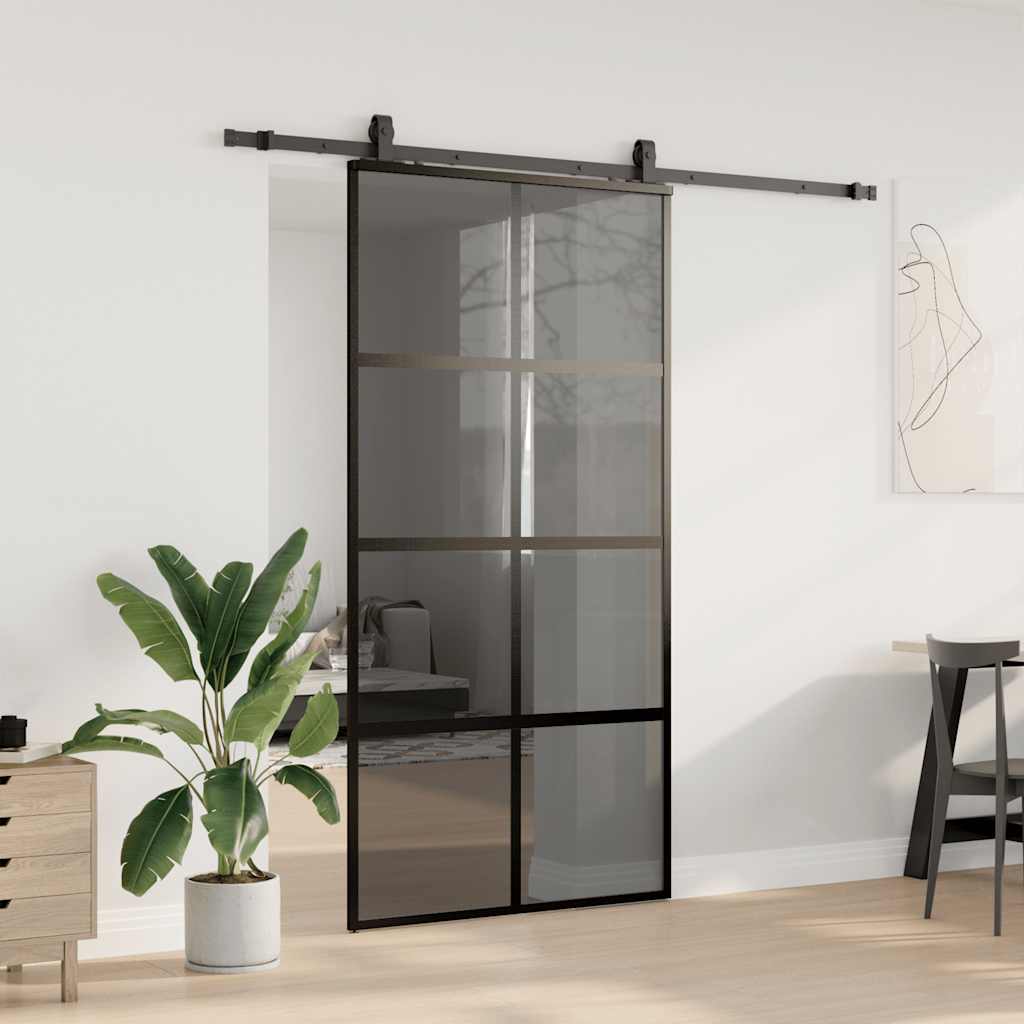fekete edzett üveg tolóajtó fémszerelék szettel 102,5x205 cm