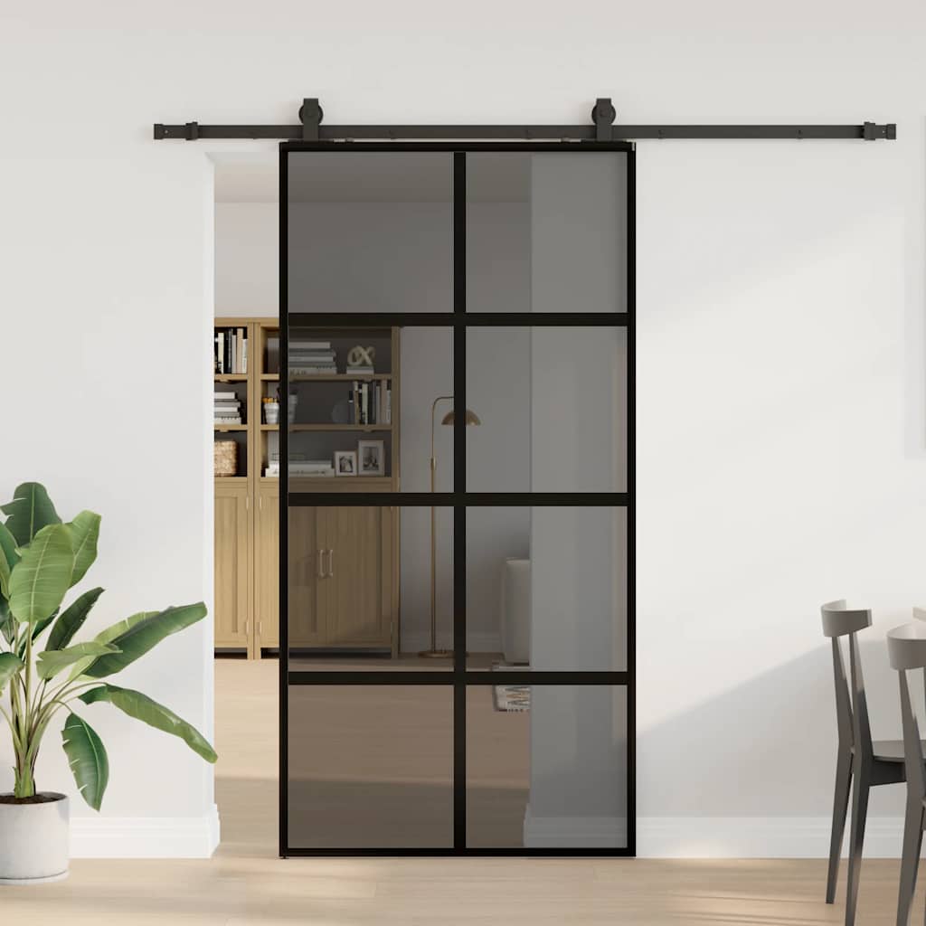 fekete edzett üveg tolóajtó fémszerelék szettel 102,5x205 cm