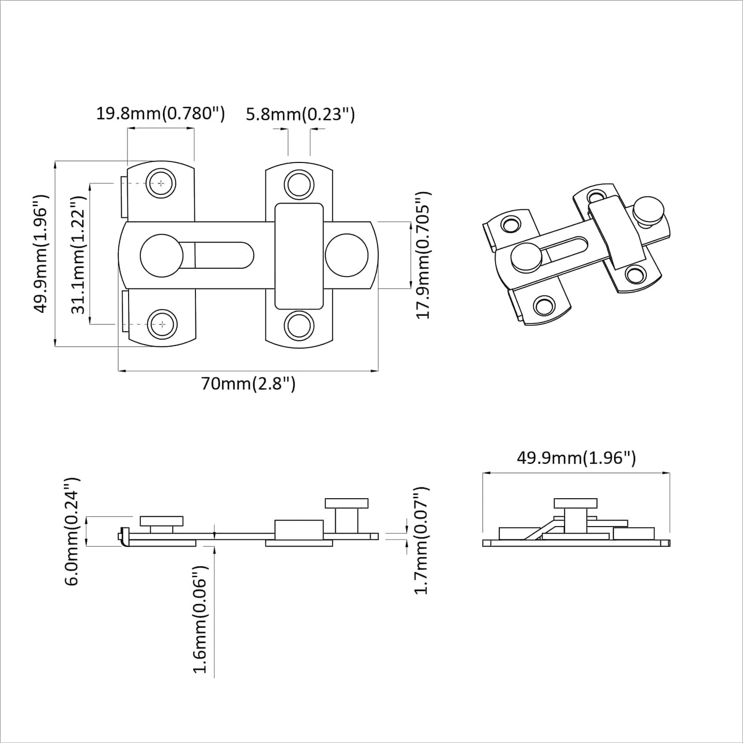 Ajtózár 2 pcs Ezüst 70 x 8 mm Acél