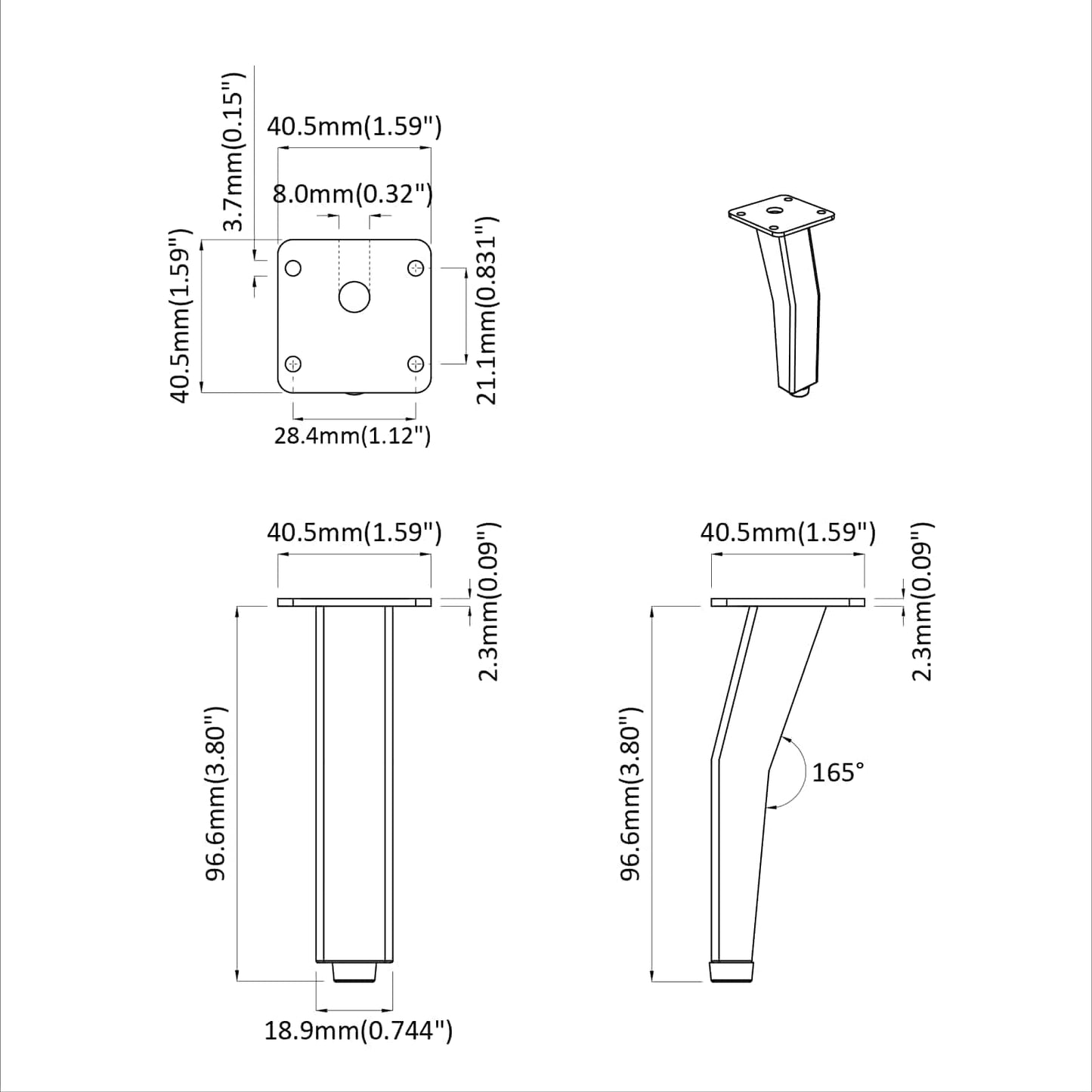 Álló Láb 2 pcs Fekete 40 x 40 x 100 mm Vas