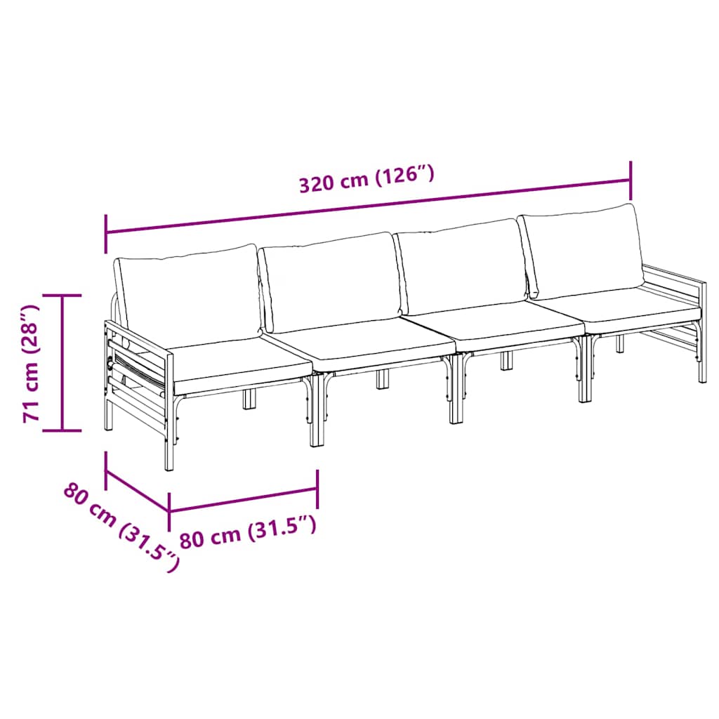 Kerti Kanapé Szett párnával 4 pcs Fekete Acél