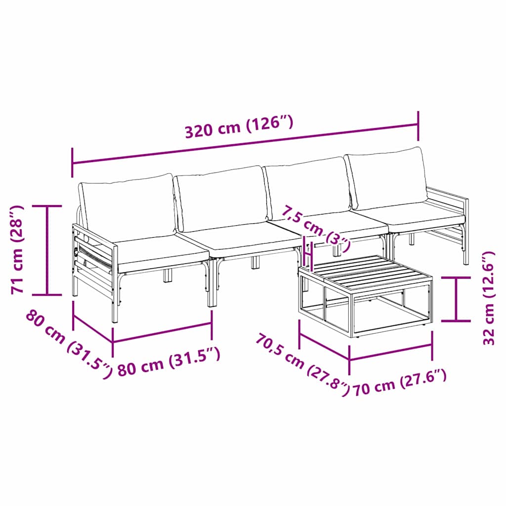 Kerti Kanapé Szett párnával 5 pcs Fekete Acél