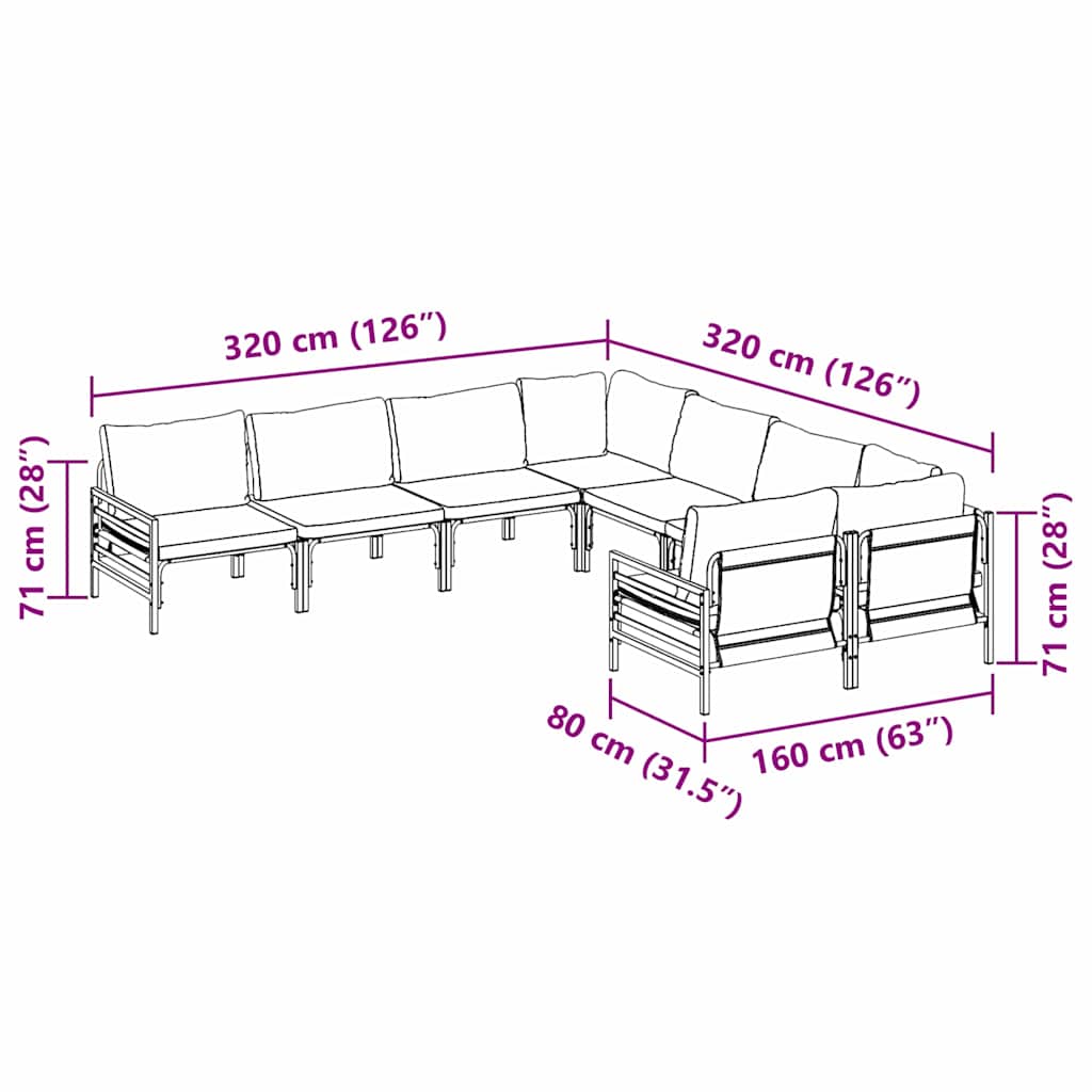 Kerti Kanapé Szett párnával 8 pcs Fekete Acél