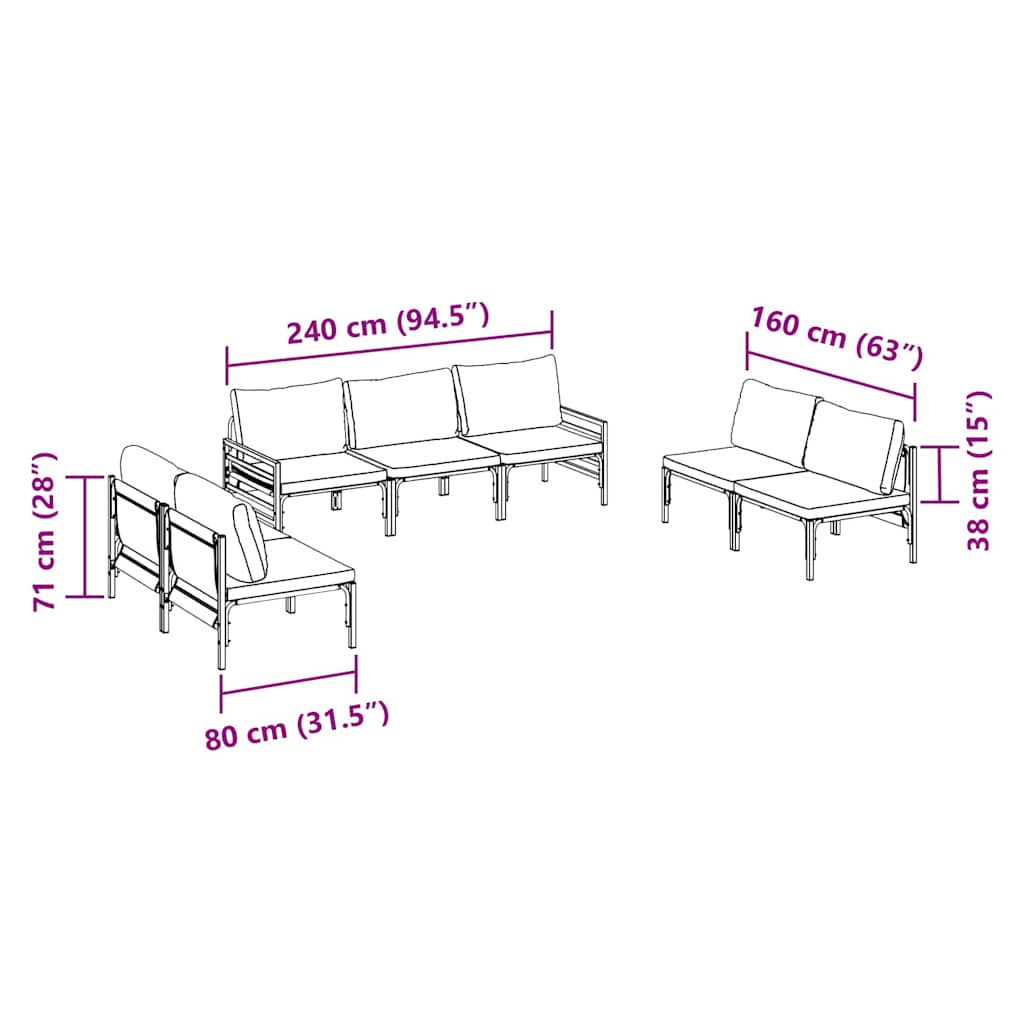 Kerti Kanapé Szett párnával 7 pcs Fekete Acél