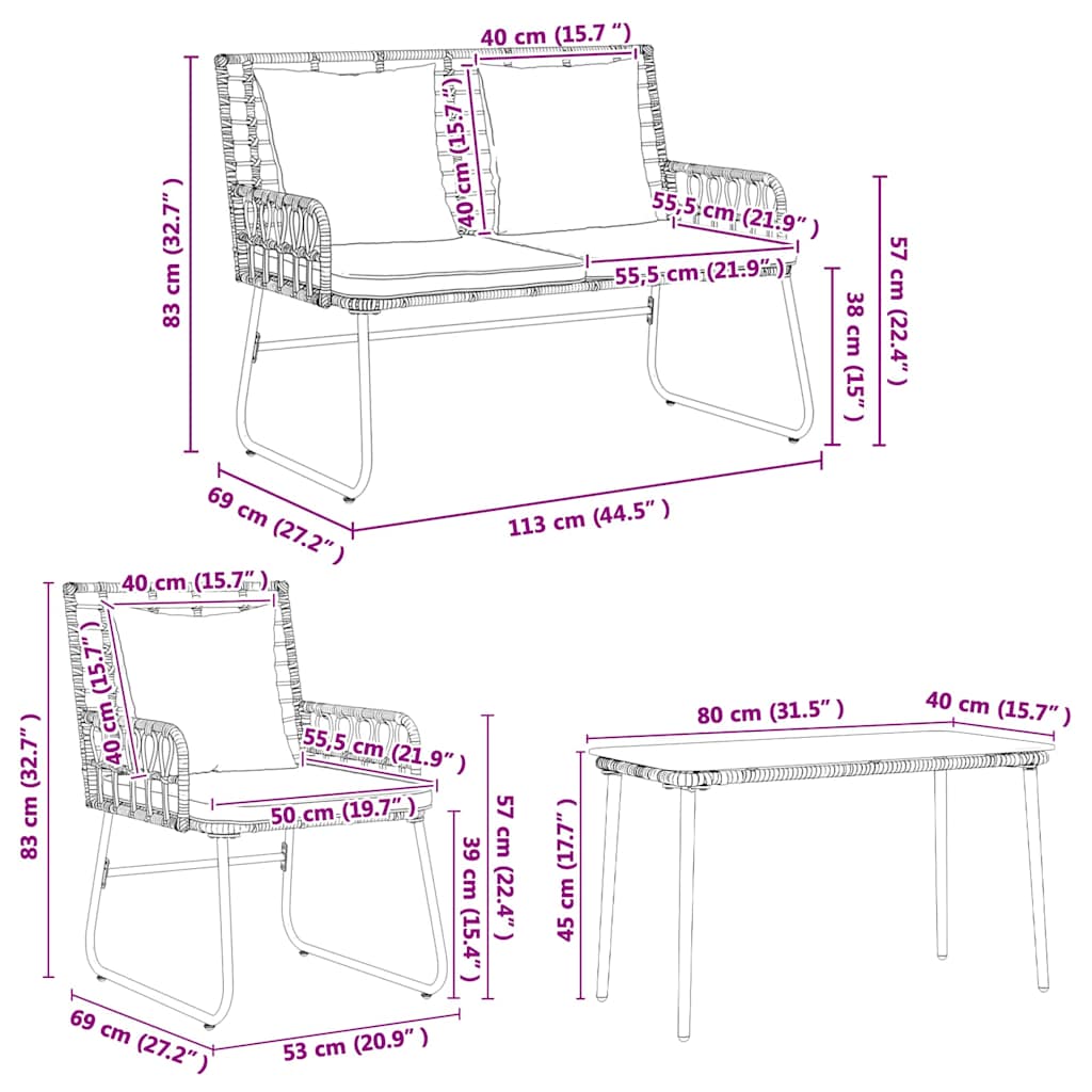 Kerti Bútor Szett párnával 4 pcs Fekete és Antracit polirattan