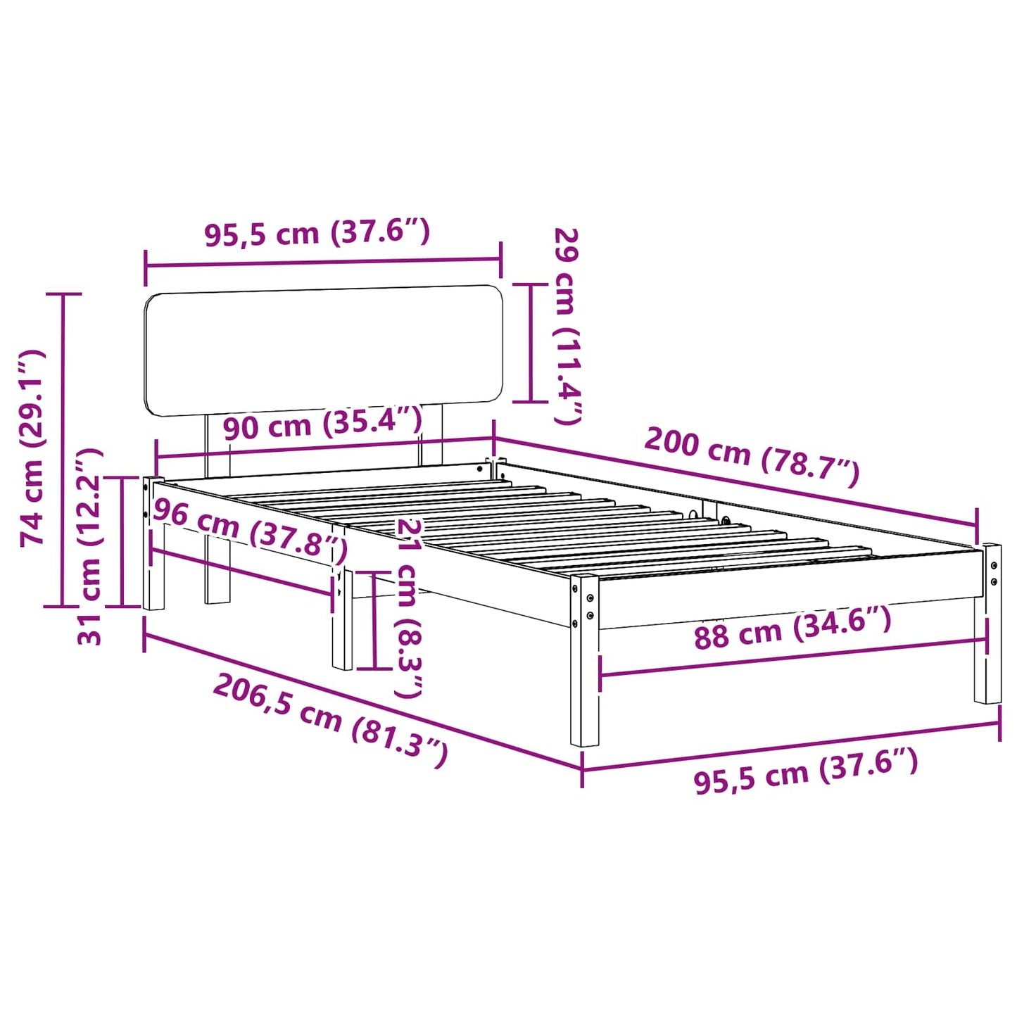 Ágykeret fejtámlával Fehér 90 x 200 cm Tömör fenyőfa