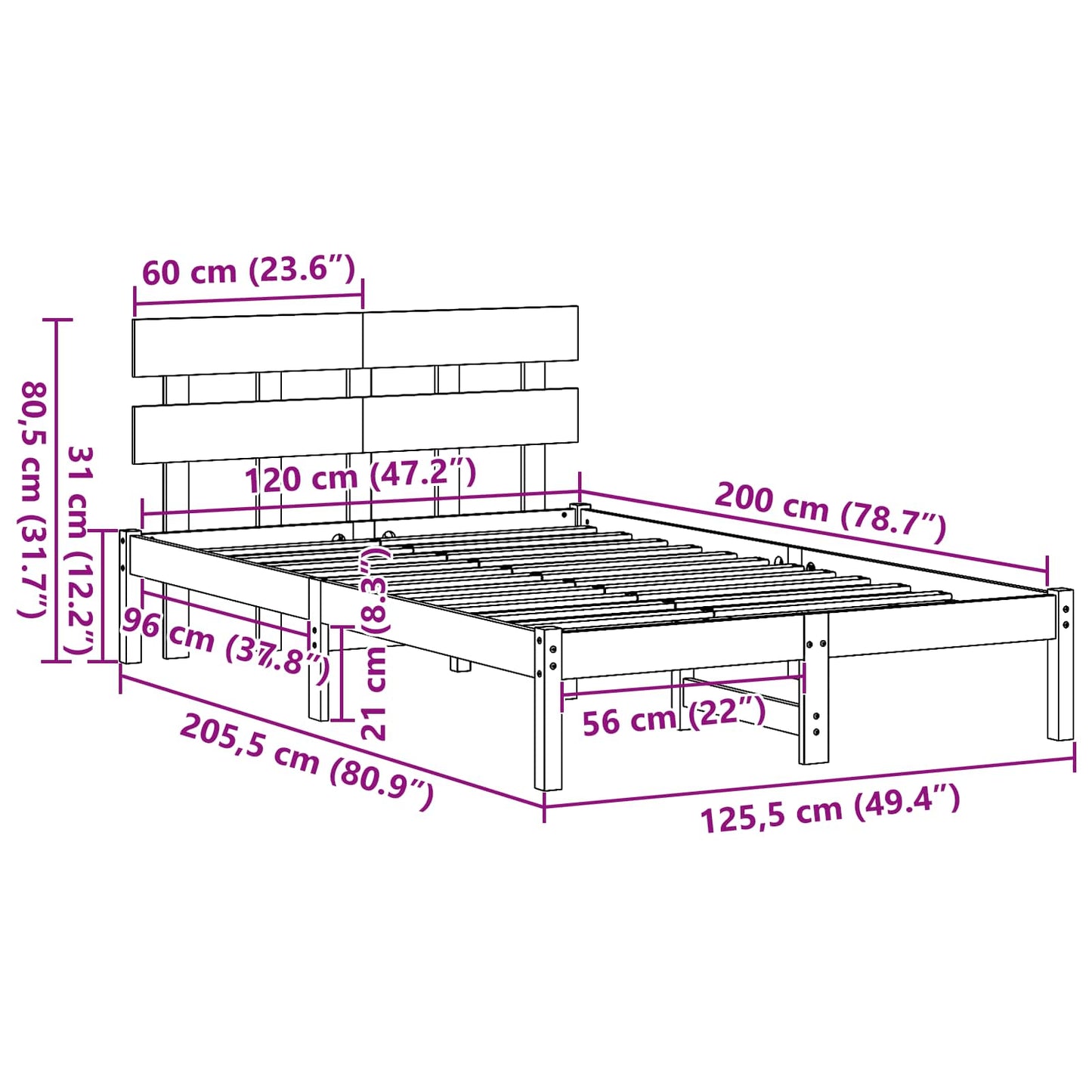 Ágykeret fejtámlával Fehér 120 x 200 cm Tömör fenyőfa
