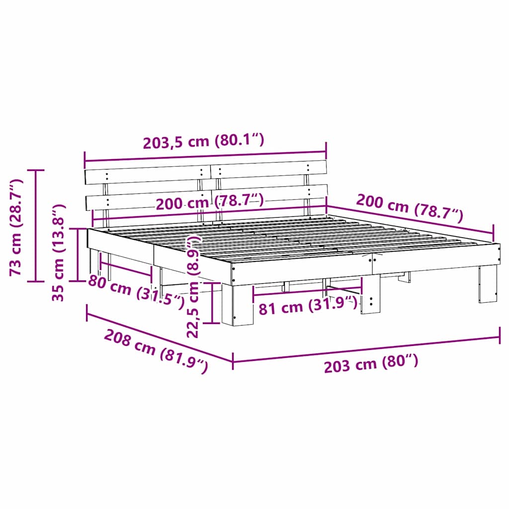 Ágykeret fejtámlával Fehér 200 x 200 cm Tömör fenyőfa