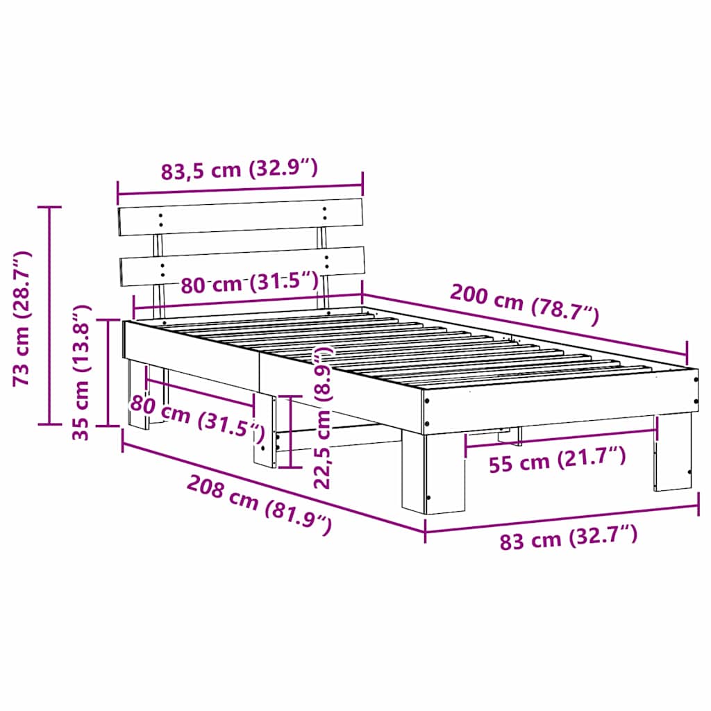Ágykeret fejtámlával Fehér 80 x 200 cm Tömör fenyőfa