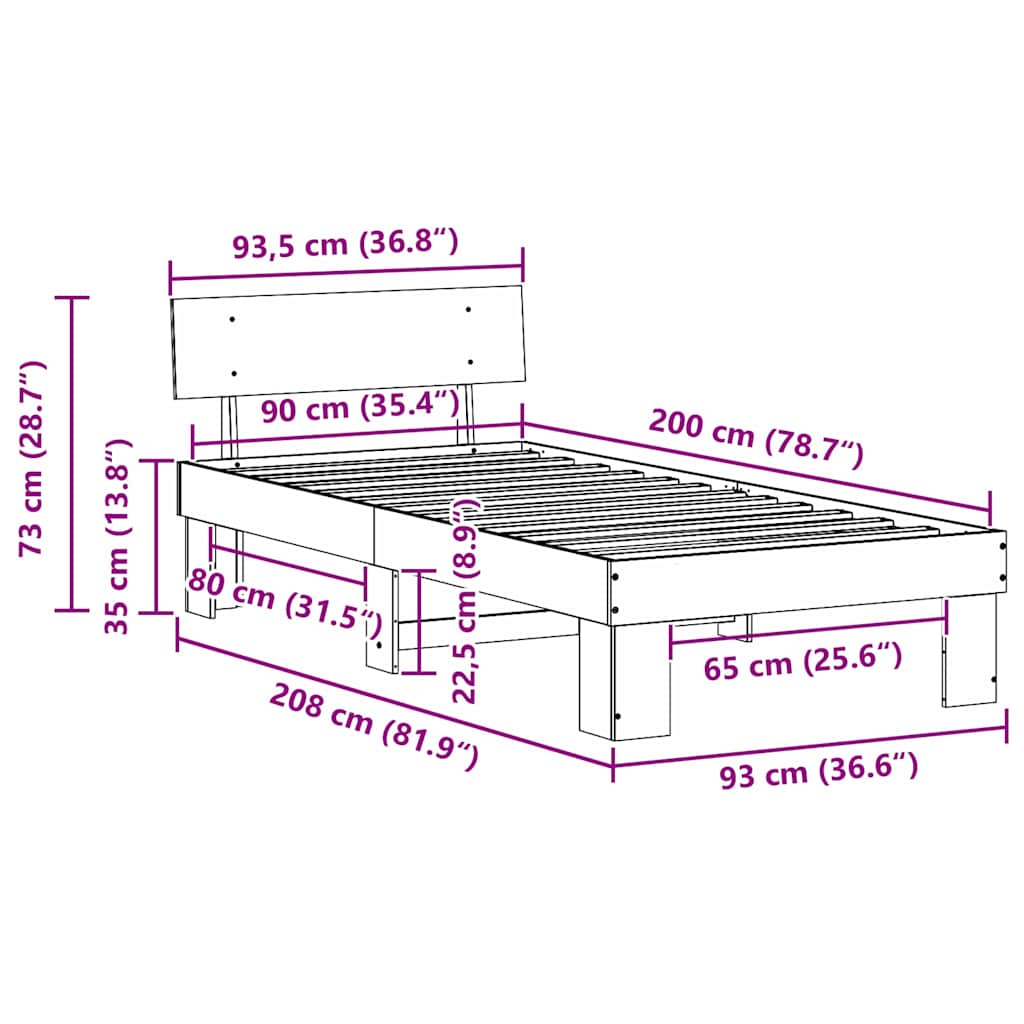 Ágykeret fejtámlával Fehér 90 x 200 cm Tömör fenyőfa