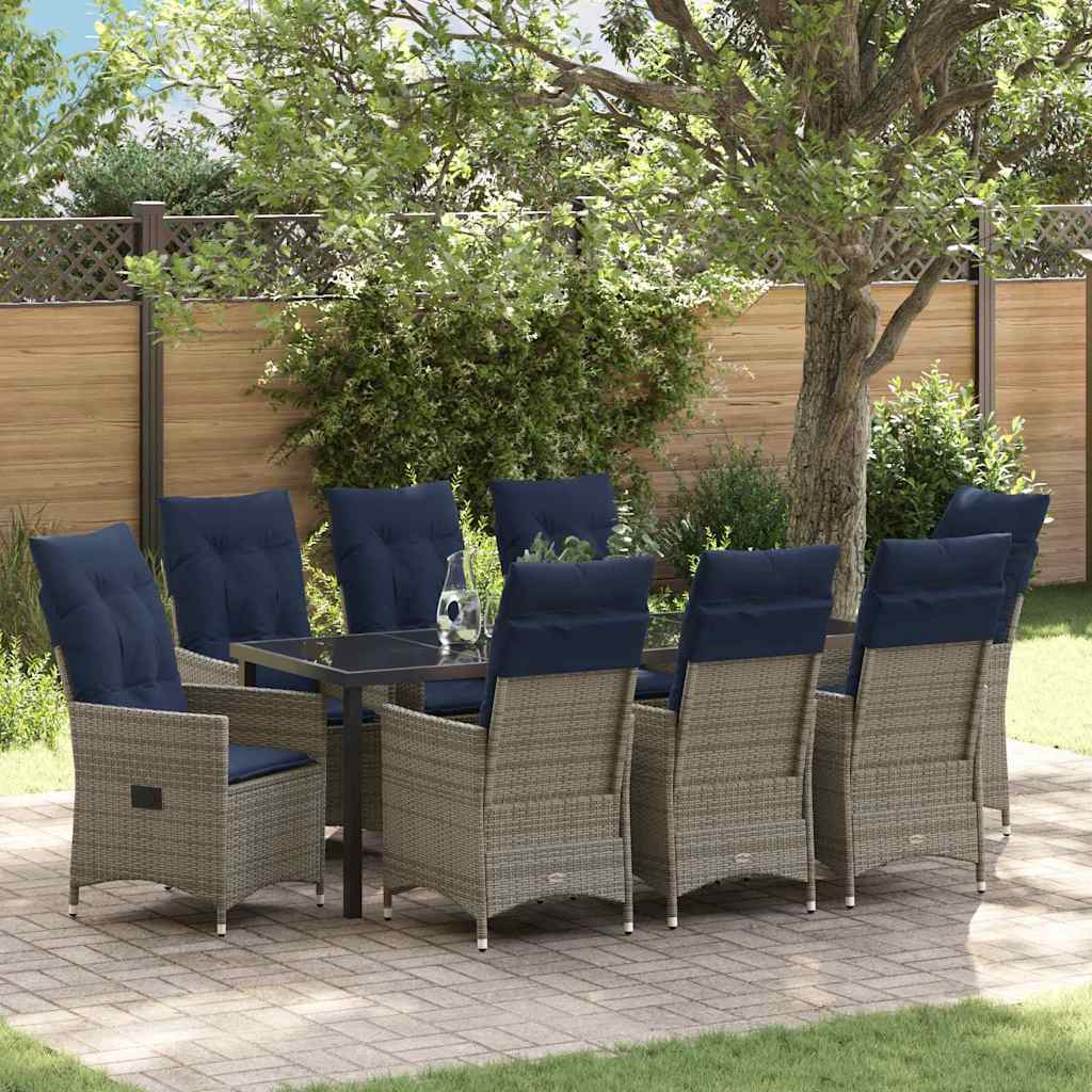Asztal és szék szett párnával 9 pcs Szürke PE Rattan