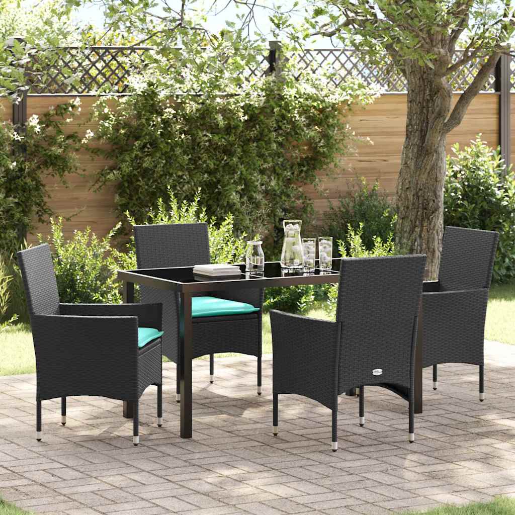 Asztal és szék szett párnával 5 pcs Fekete PE Rattan