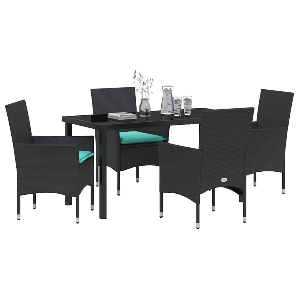 Asztal és szék szett párnával 5 pcs Fekete PE Rattan