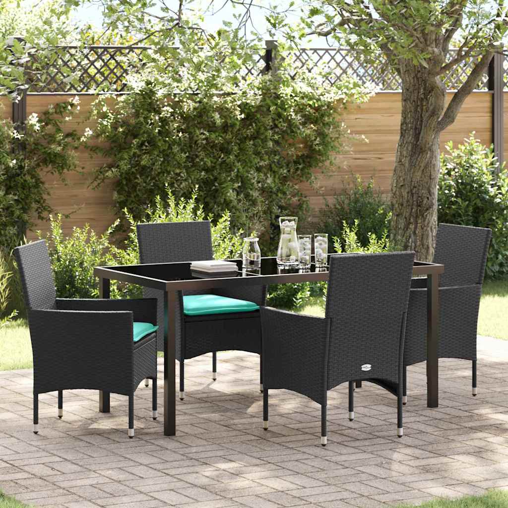 Asztal és szék szett párnával 5 pcs Fekete PE Rattan