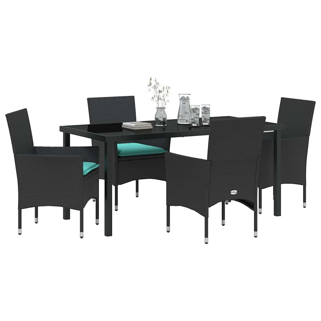 Asztal és szék szett párnával 5 pcs Fekete PE Rattan