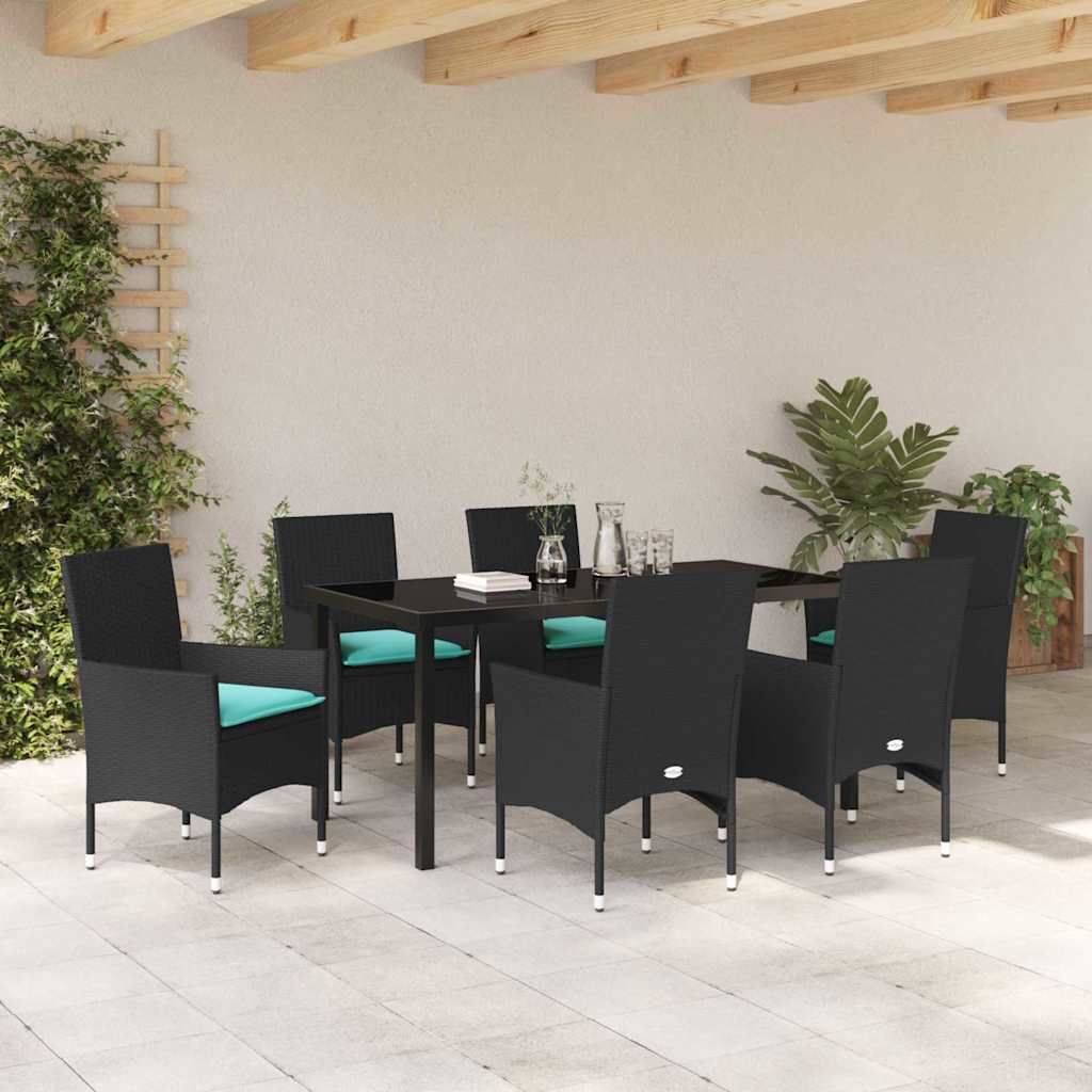 Asztal és szék szett párnával 7 pcs Fekete PE Rattan