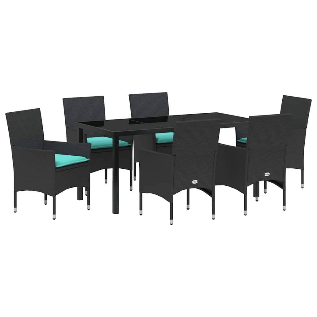 Asztal és szék szett párnával 7 pcs Fekete PE Rattan