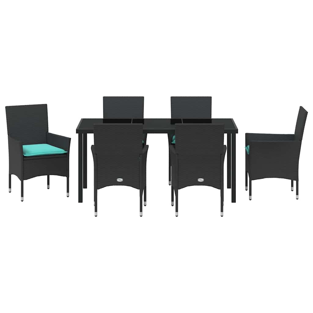 Asztal és szék szett párnával 7 pcs Fekete PE Rattan