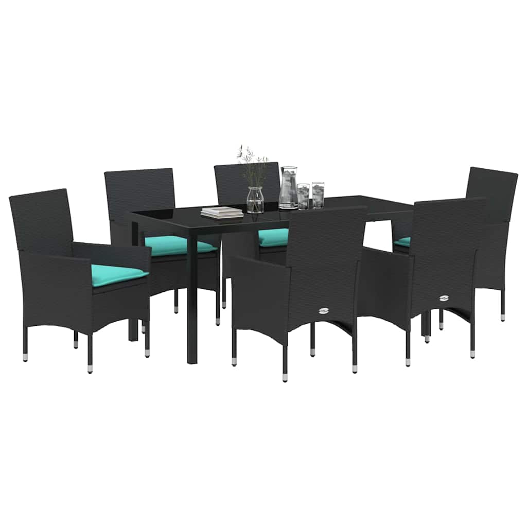 Asztal és szék szett párnával 7 pcs Fekete PE Rattan