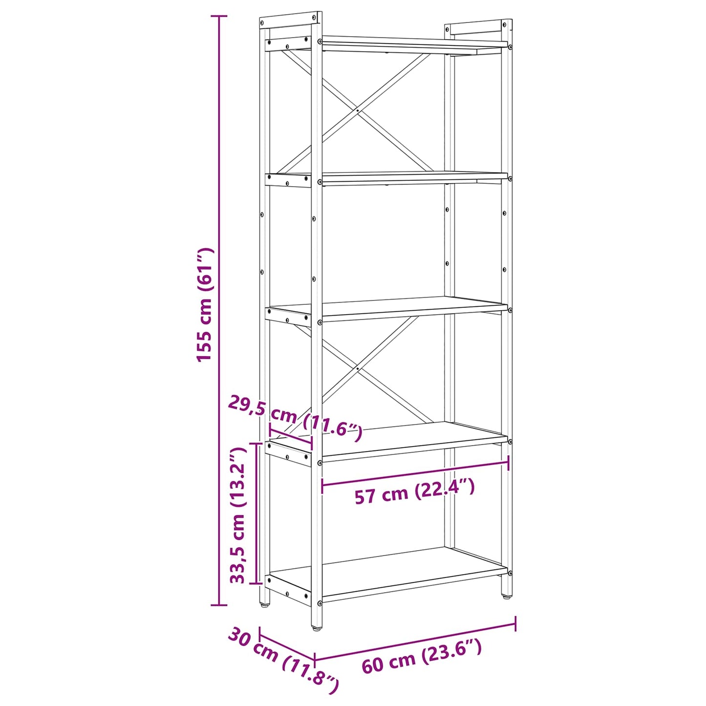 Könyvespolc 60 x 30 x 155 cm Szerelt Fa Régi fa