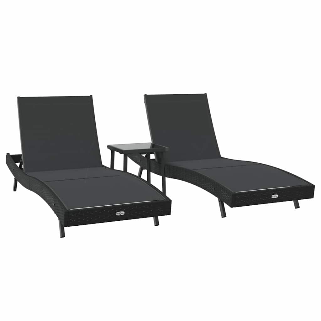 Napozó 3 pcs Fekete 197 x 70 x 82 cm polirattan