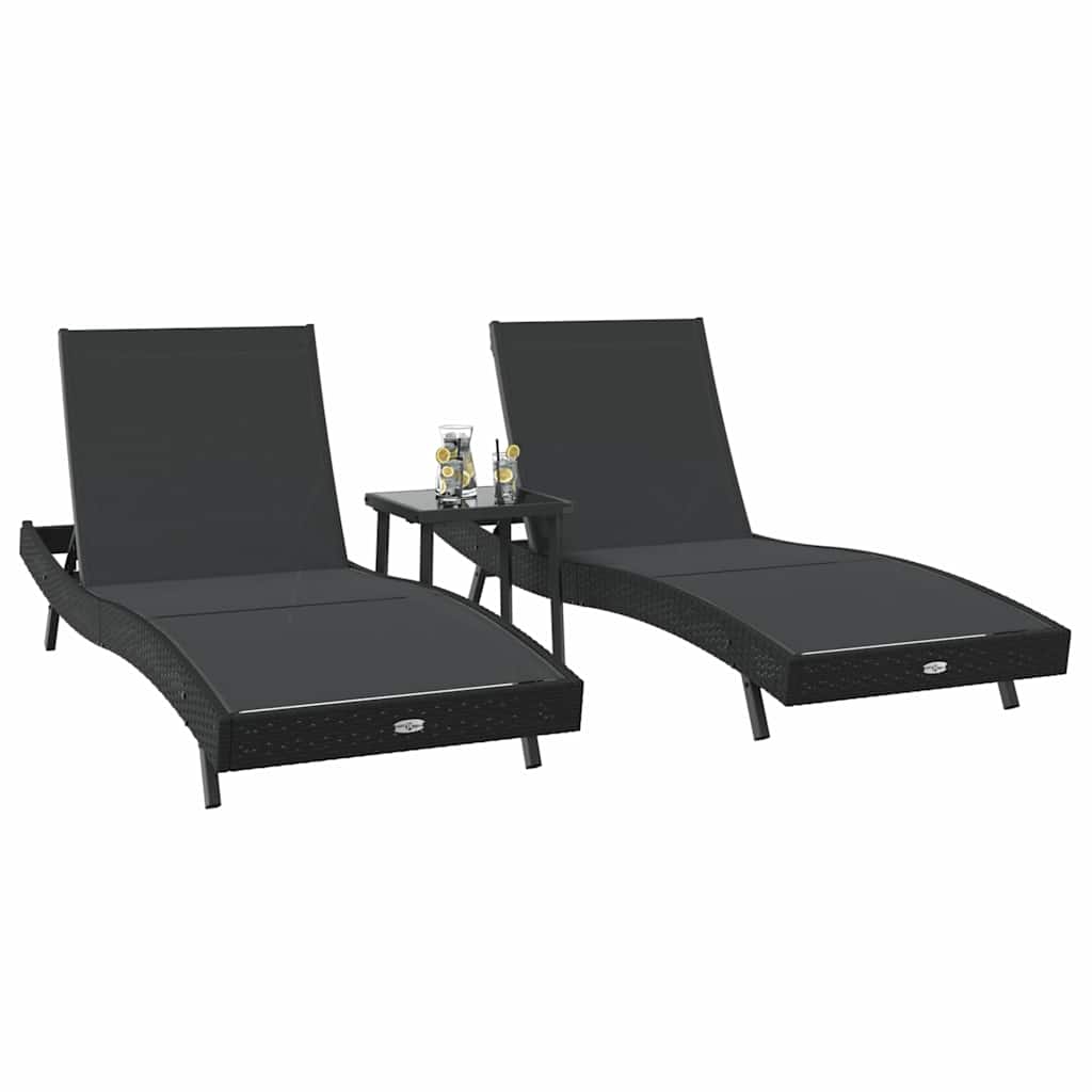 Napozó 3 pcs Fekete 197 x 70 x 82 cm polirattan
