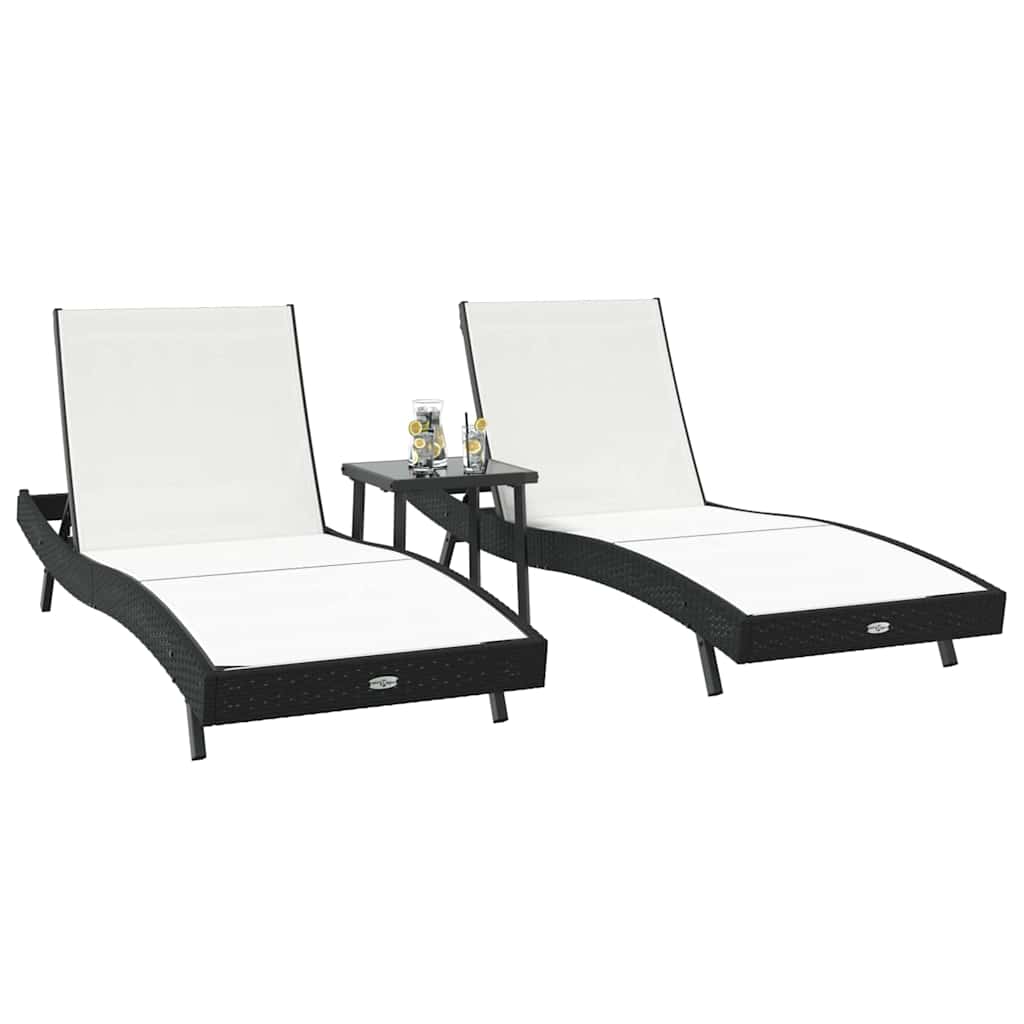 Napozó 3 pcs Fekete és Fehér 197 x 70 x 82 cm polirattan