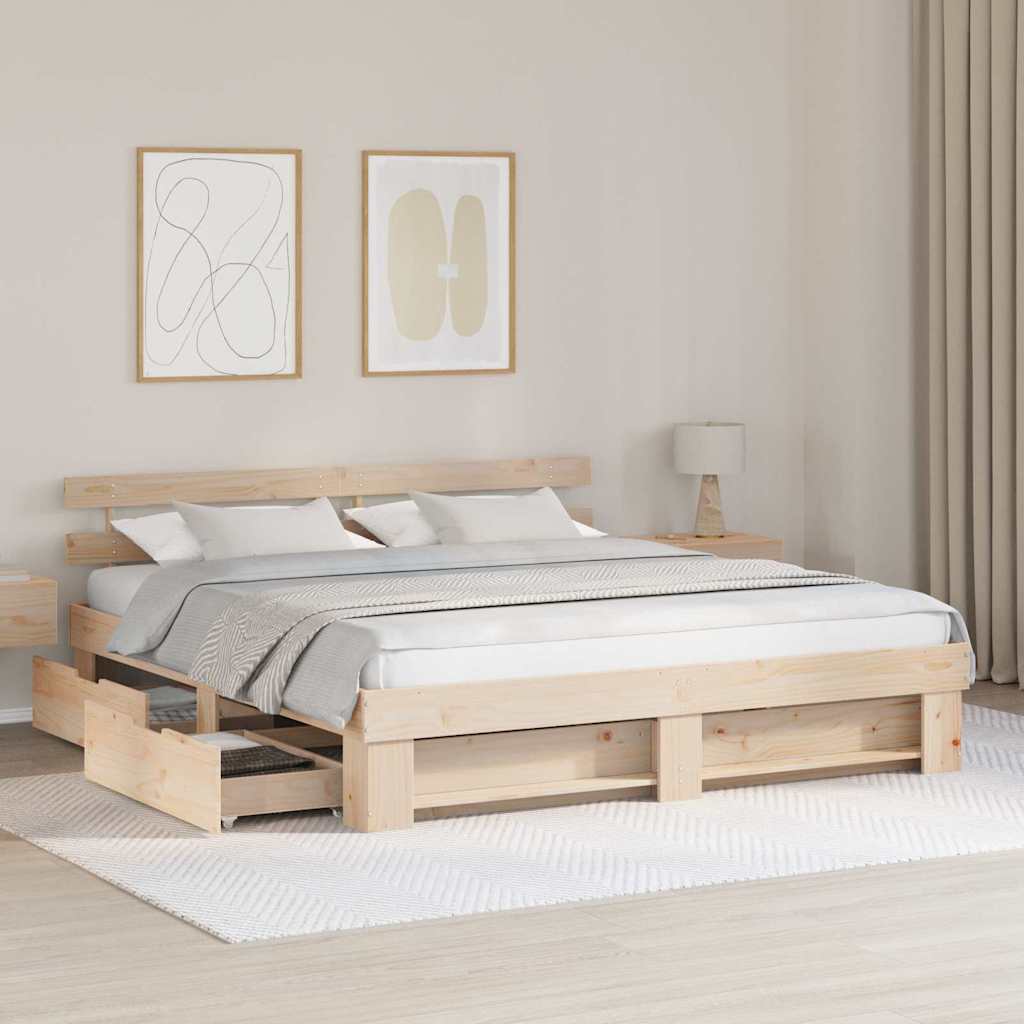Ágykeret fejtámlával fiókkal Barna 200 x 200 cm Tömör fenyőfa