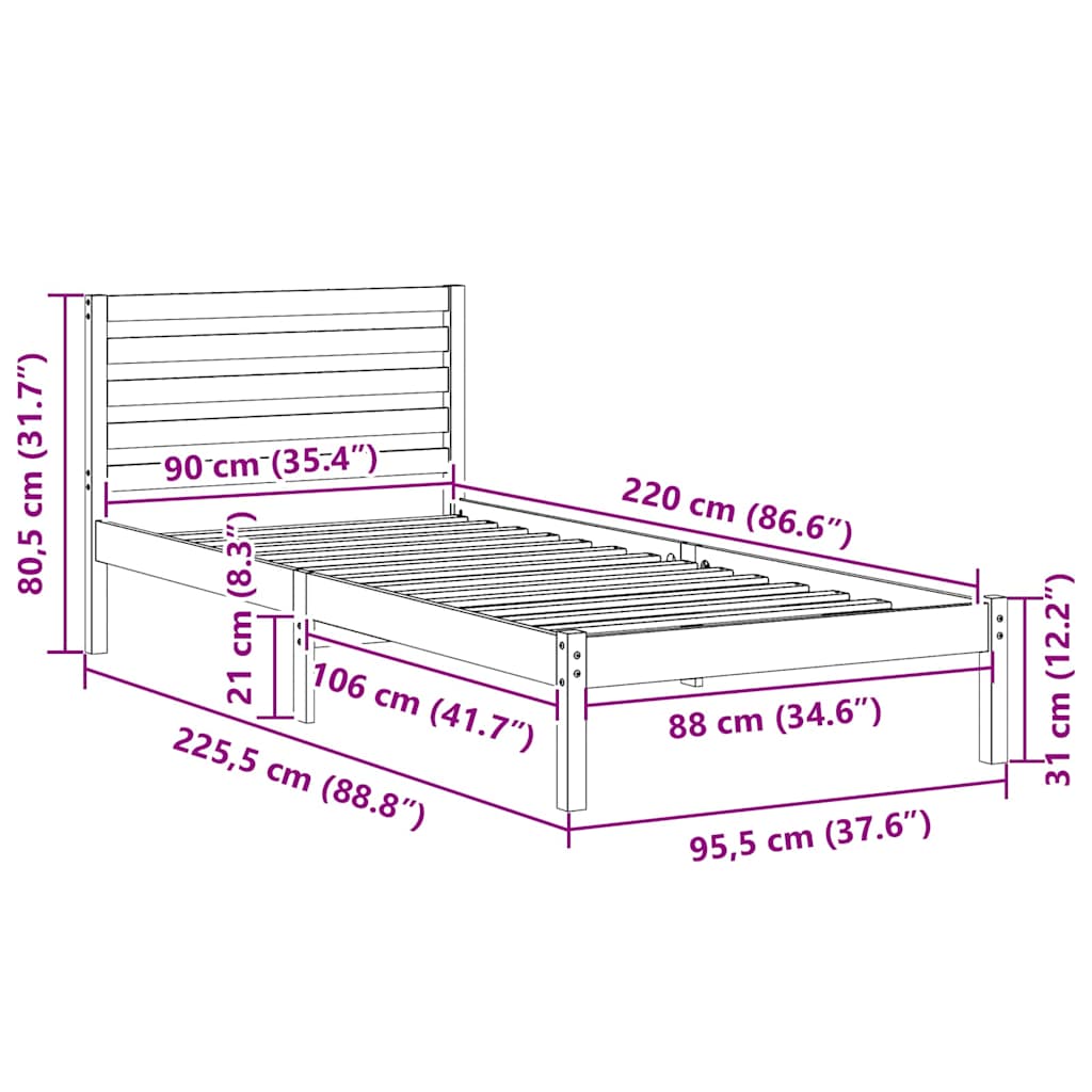 Ágykeret fejtámlával Barna 90 x 220 cm Tömör fenyőfa
