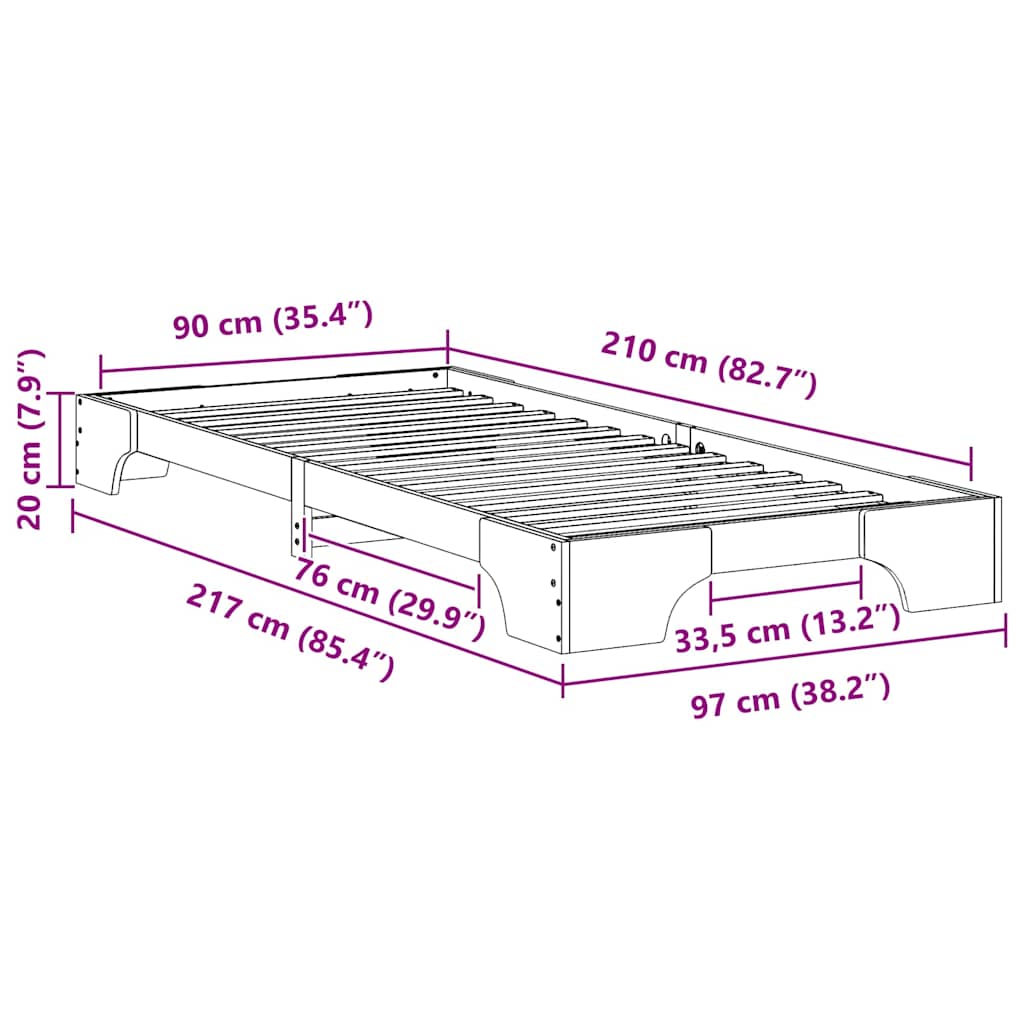 Ágykeret Fehér 90 x 210 cm Tömör fenyőfa