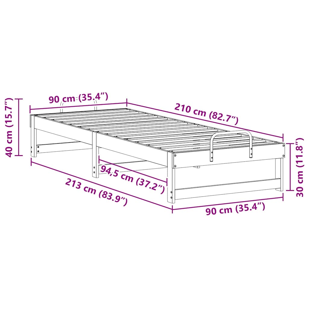 Ágykeret Fehér 90 x 210 cm Tömör fenyőfa