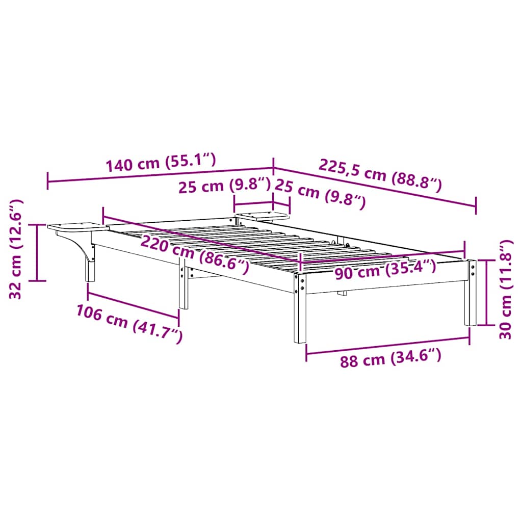 Ágykeret éjjeliszekrényekkel Fehér 90 x 220 cm Tömör fenyőfa