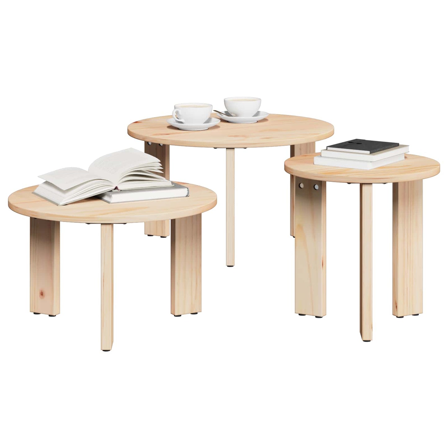 Dohányzóasztal 3 pcs Természetes Tömör fenyőfa