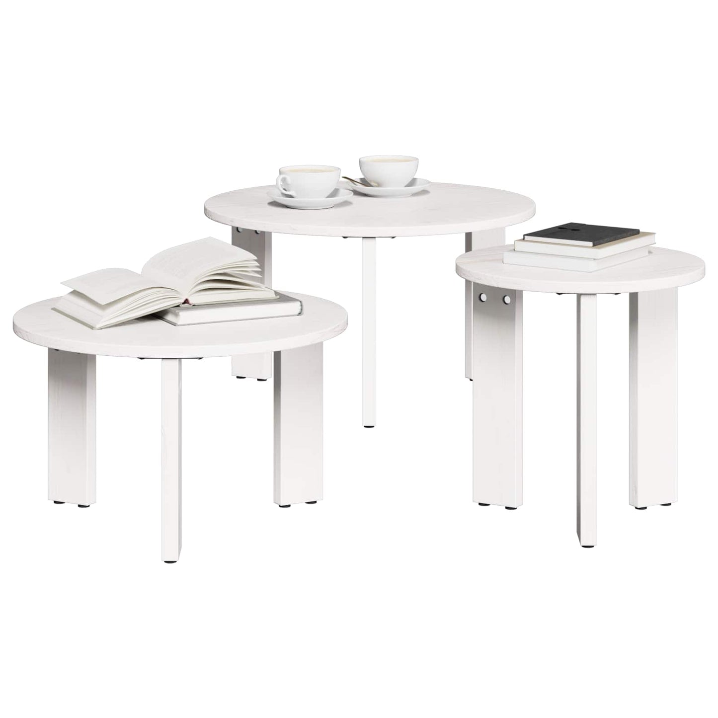 Dohányzóasztal 3 pcs Fehér Tömör fenyőfa