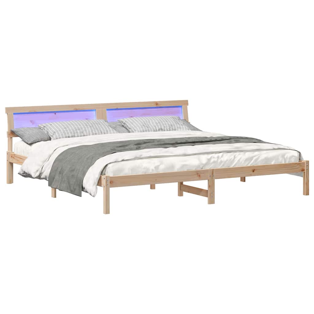 Ágykeret LED -es lámpákkal Barna 200 x 200 cm Tömör fenyőfa