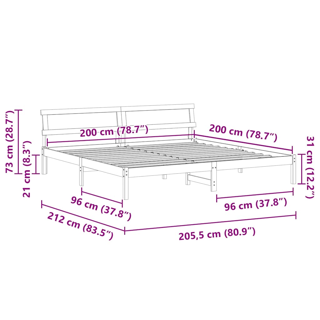 Ágykeret fejtámlával Fehér 200 x 200 cm Tömör fenyőfa