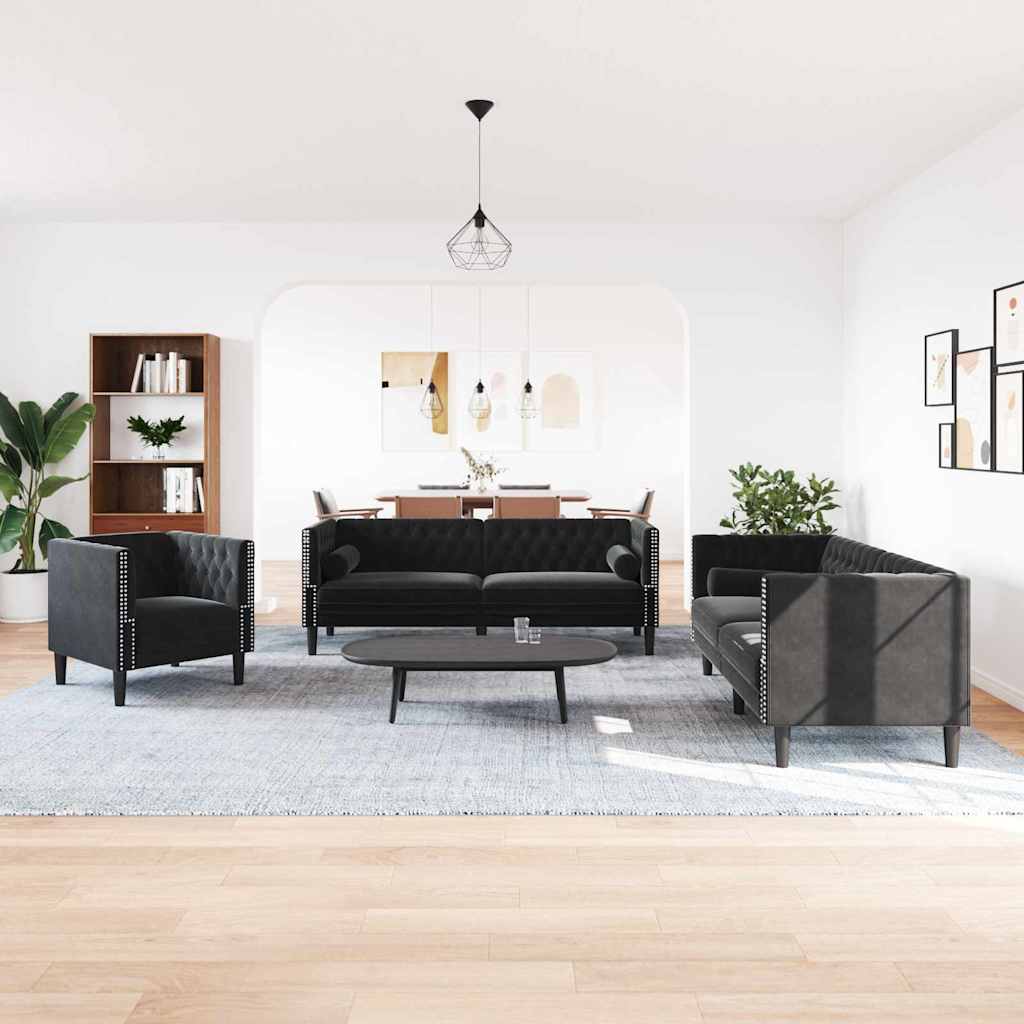Nappali Kanapé 3 pcs Fekete 194 x 74,5 x 70,5 cm Bársony