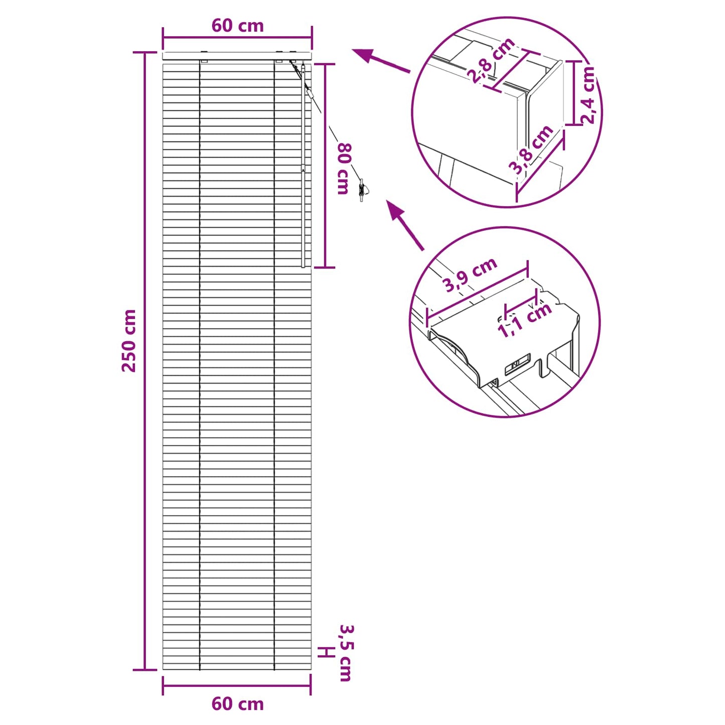 Zsaluzia Fekete 60 x 250 cm 35 mm Masszív Paulownia fa