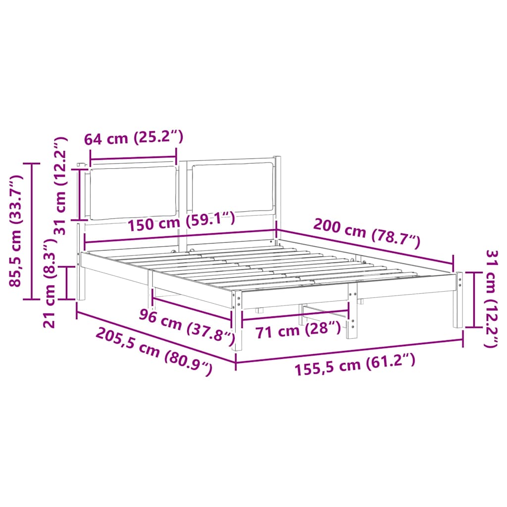 Ágykeret fejtámlával Tópszínű 150 x 200 cm Tömör fenyőfa