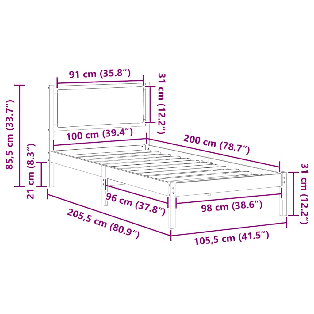 Ágykeret fejtámlával Tópszínű 100 x 200 cm Tömör fenyőfa