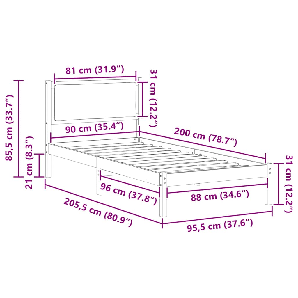 Ágykeret fejtámlával Sötétszürke 90 x 200 cm Tömör fenyőfa