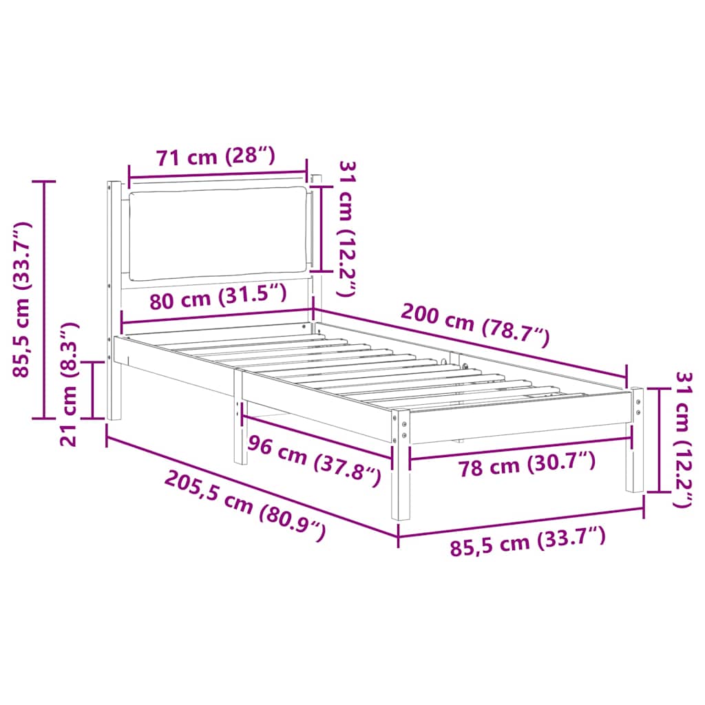 Ágykeret fejtámlával Tópszínű 80 x 200 cm Tömör fenyőfa