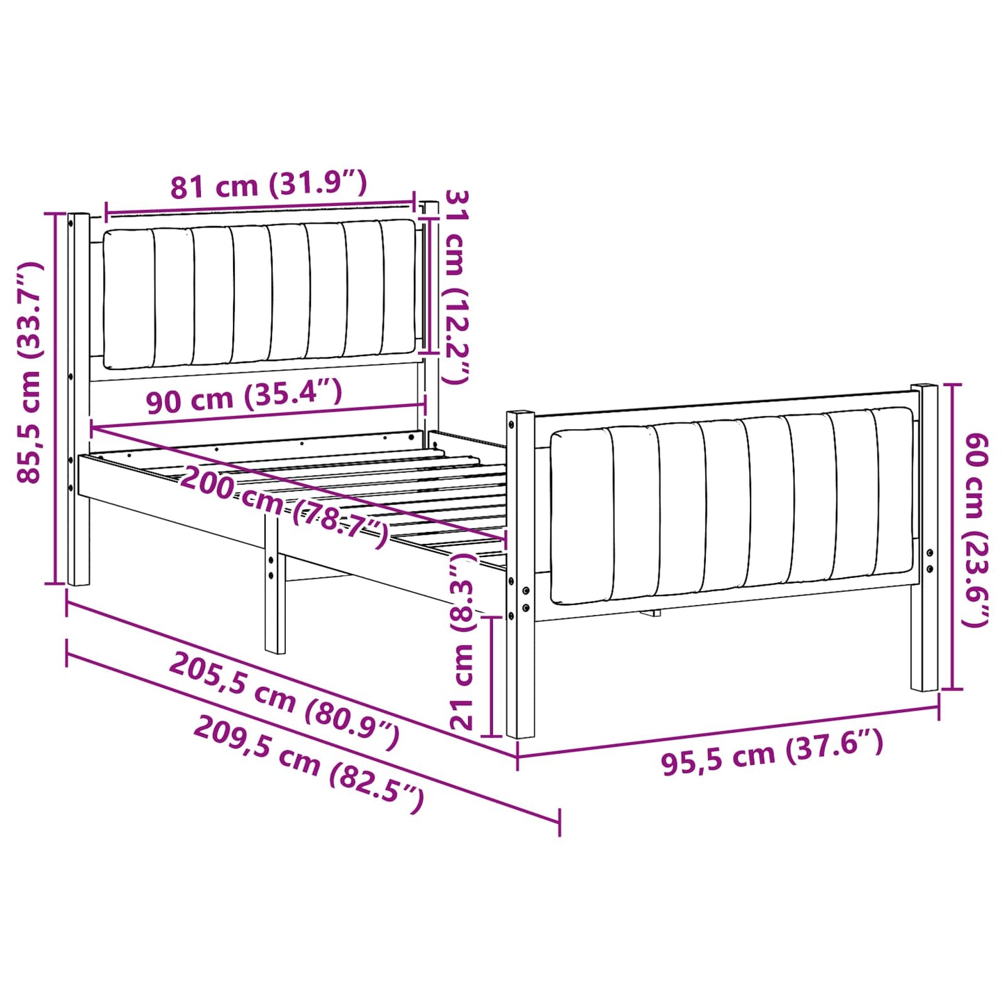 Ágykeret barna és sötétszürke 90 x 200 cm Tömör fenyőfa