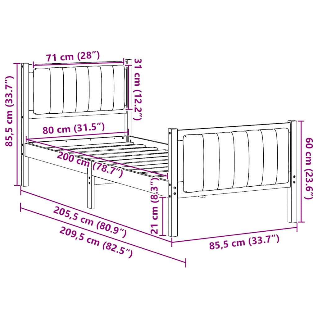 Ágykeret fejtámlával Barna és fekete 80 x 200 cm Tömör fenyőfa