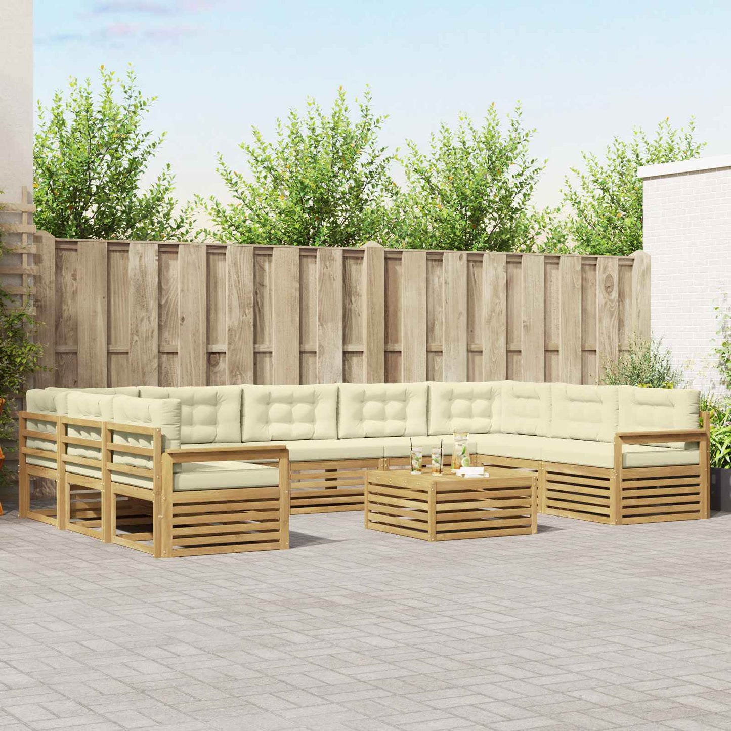 Kültéri kanapé szett 10 db Fehér és Krém színű Tömör Akácfa
