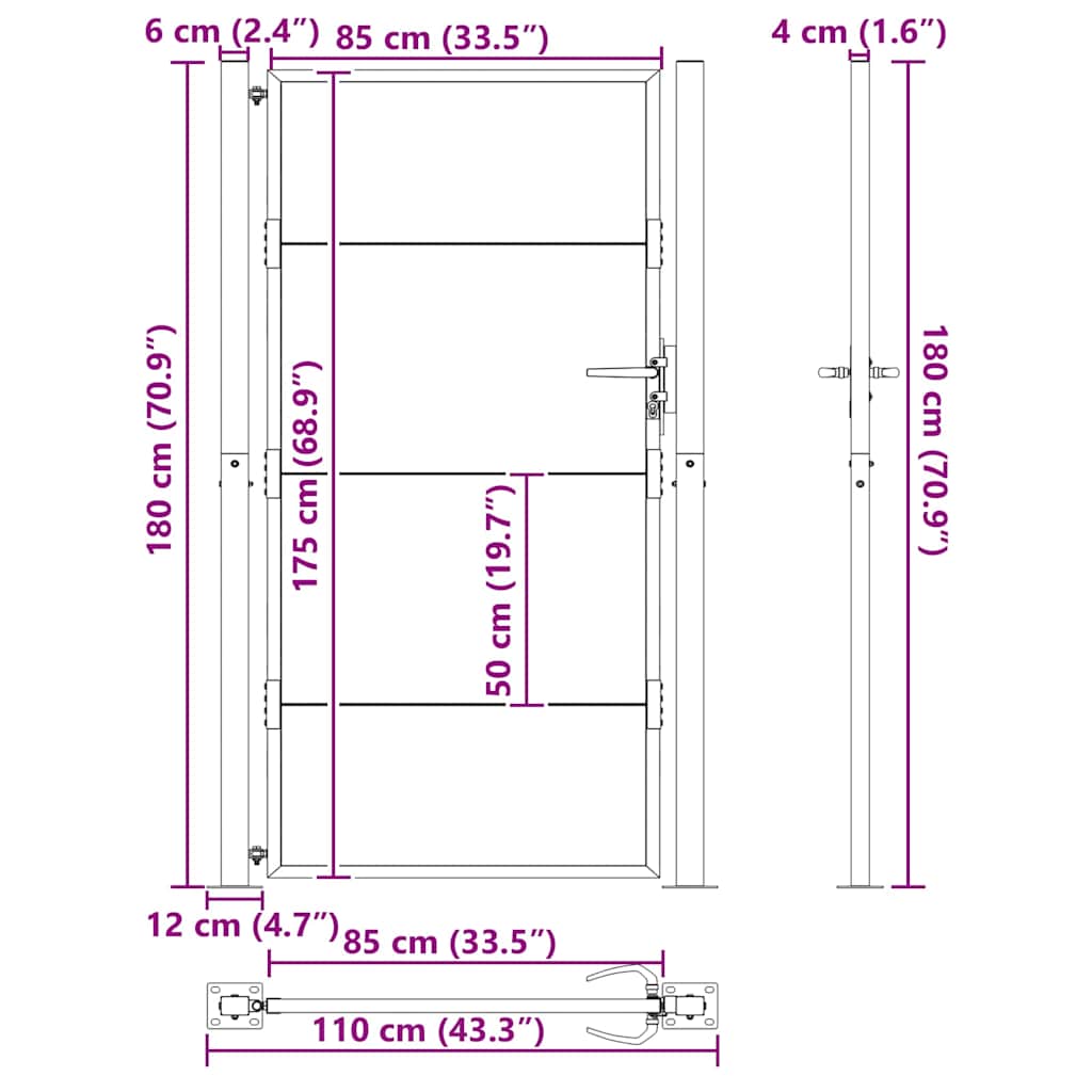 Kerti kapu 110 x 180 cm Porszórt acél Fekete Zárolható
